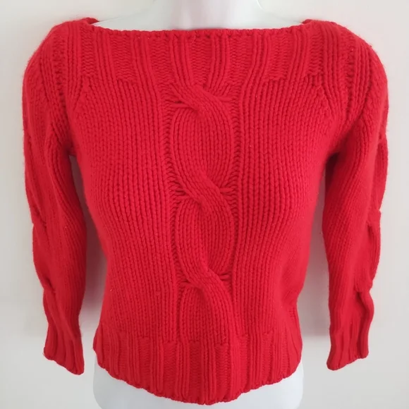 Andre Maurice Italy 100 % Cashmere Red Cable Knit Cropped Sweater - Picture 2 of 8